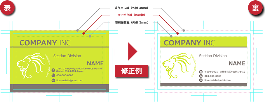 「ベタ面の裁ち落とし」のデザインや色ベタなど背景色の面積が広いデザインは避ける例