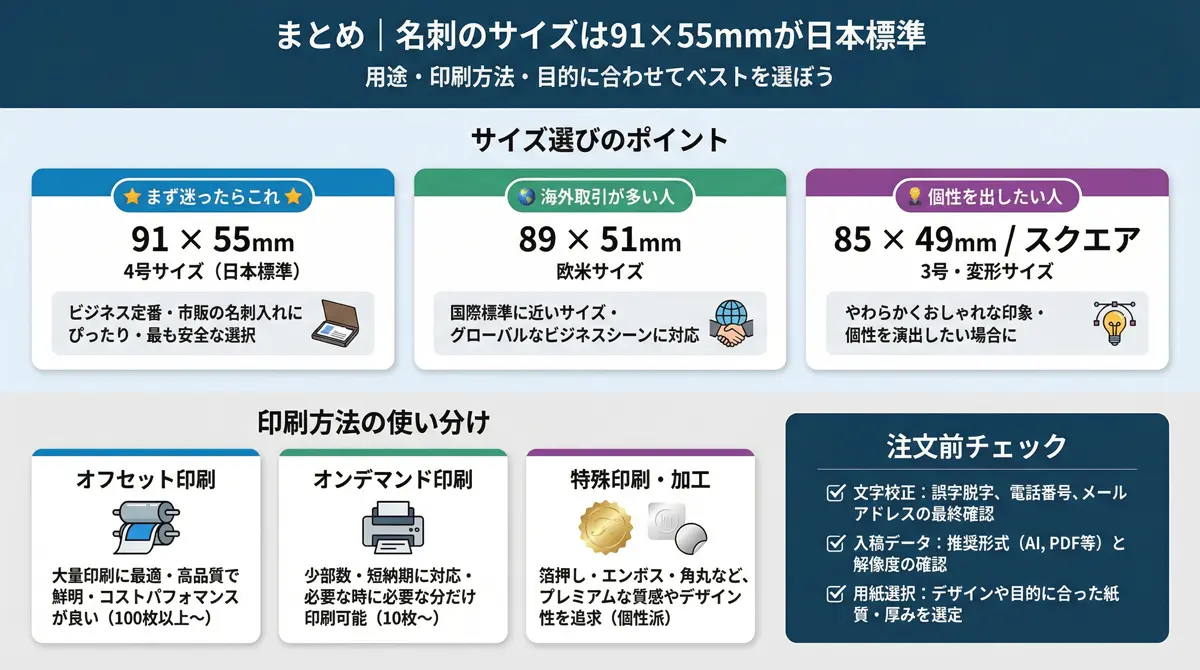 まとめ：名刺のサイズは91×55mmが日本標準｜用途に合わせてサイズを選ぼう